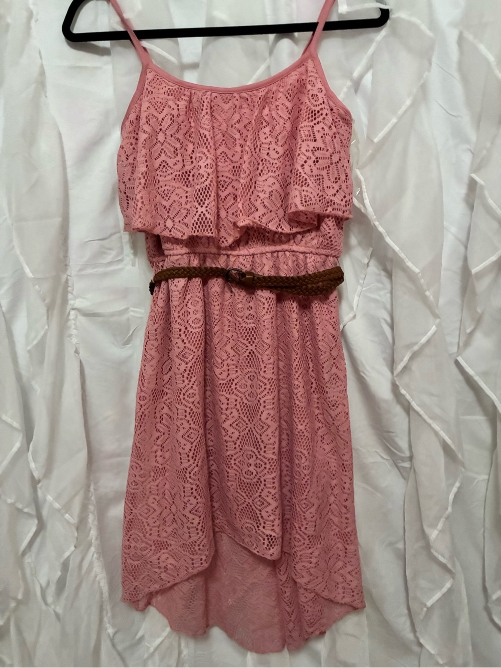 bailey blue Pink Lace High-Low Sundress with Braided Belt